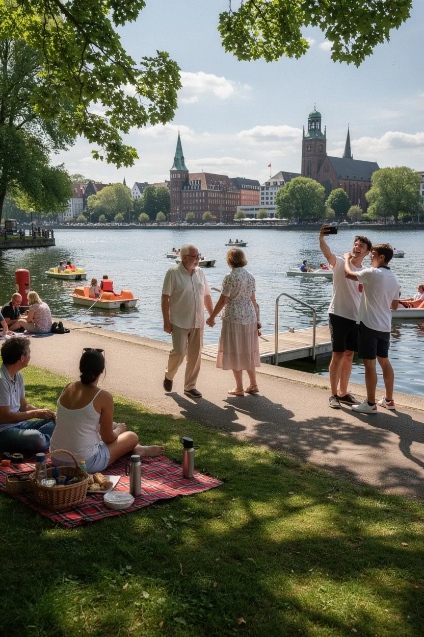 Stadtansicht von Berlin mit Sehenswürdigkeiten und grünen Parks.